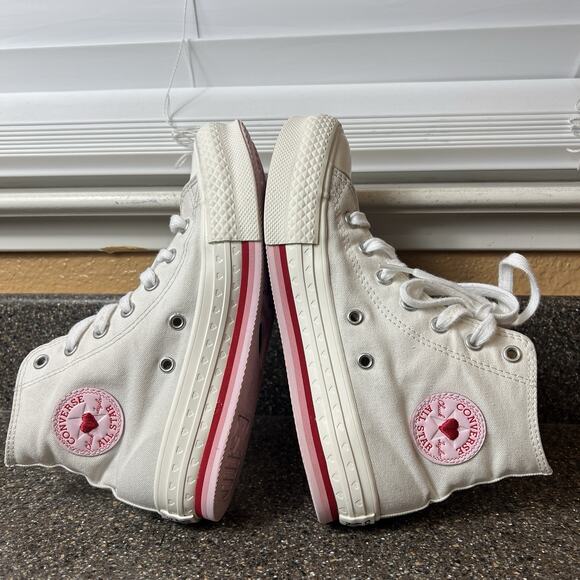 Converse All Star Hi-Top Youth Girl Sz 3 Canvas Sneaker White/Red Heart Platform - Picture 6 of 11